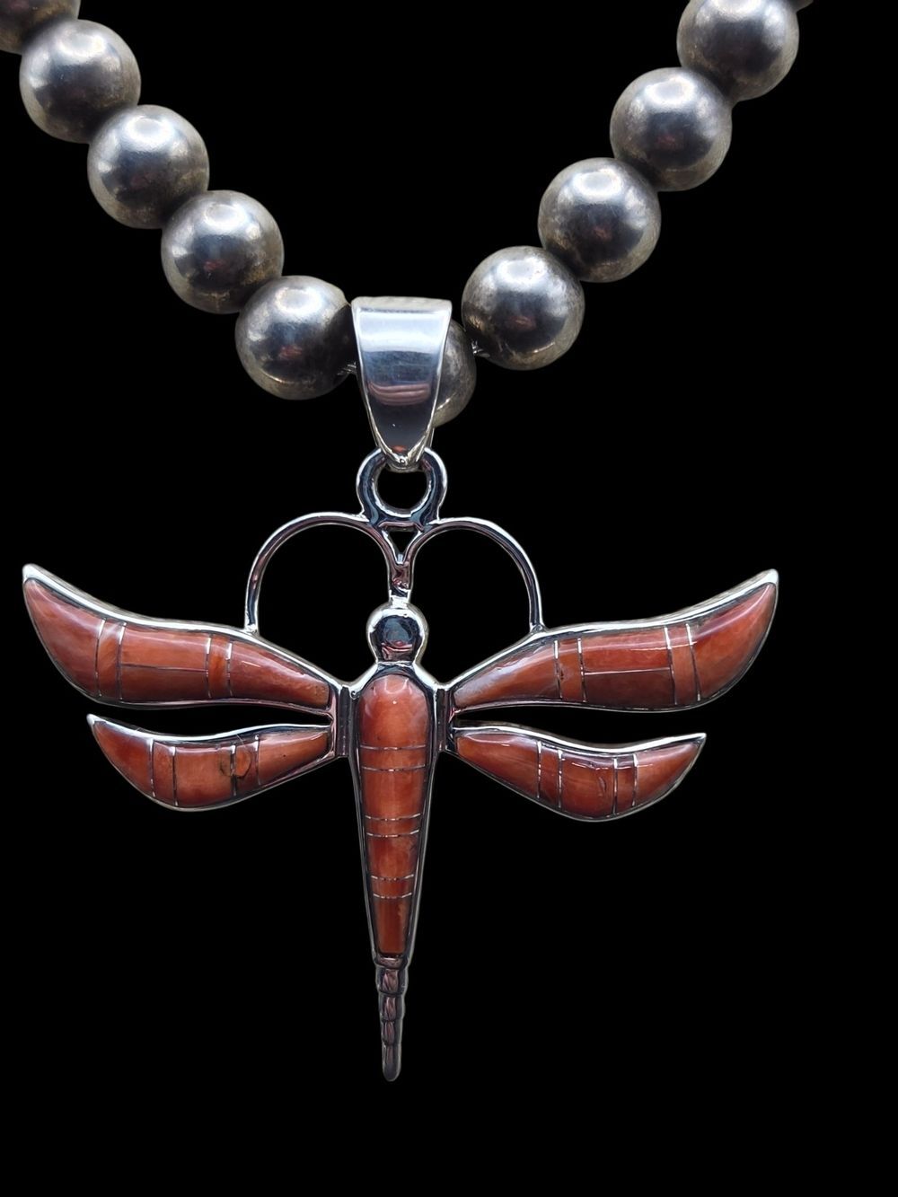 Sterling Silver Dragonfly Pendant Orange Spiny Oyster Shell Southwestern Inlay